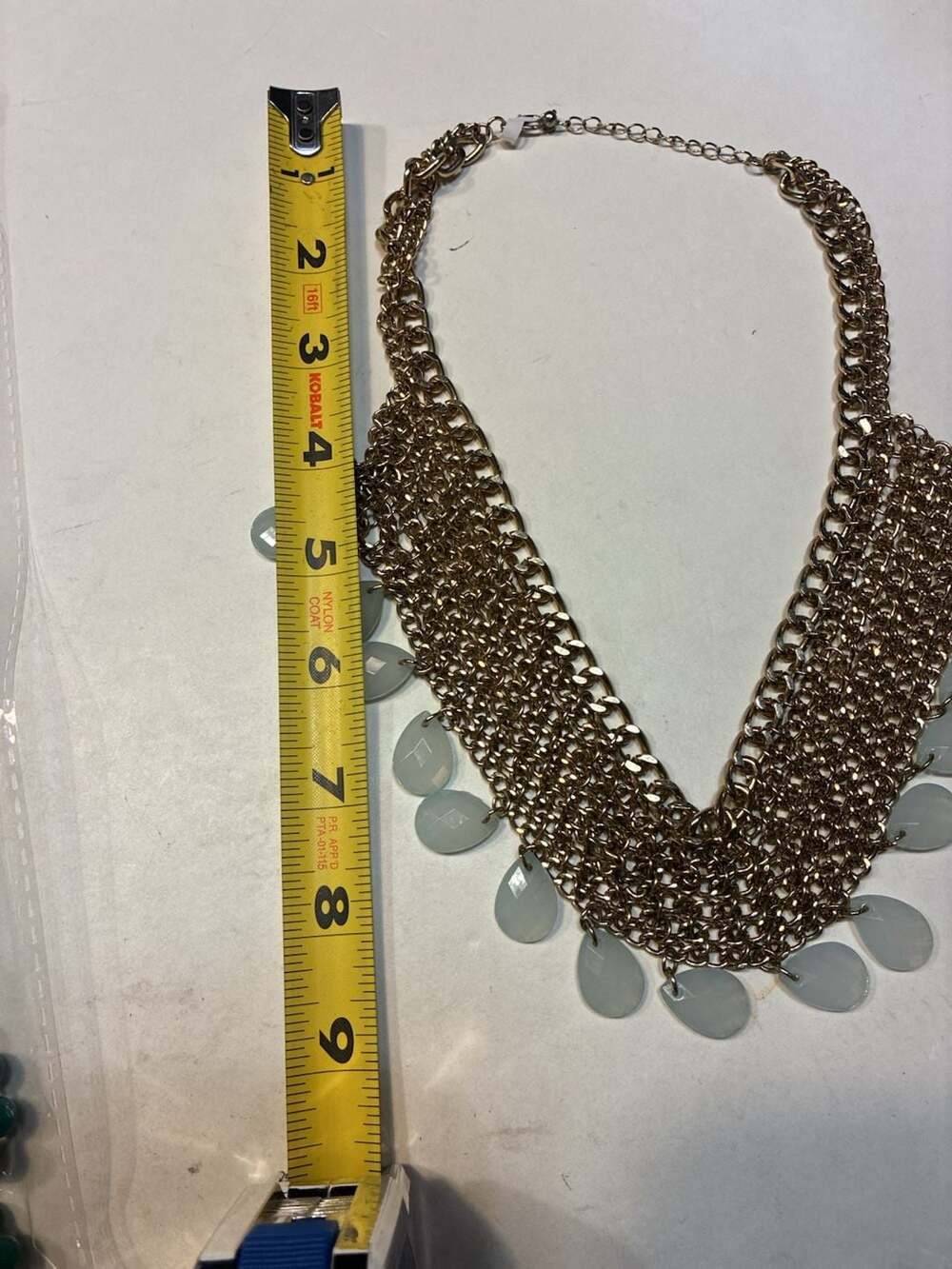 Statement Necklace Gold Tone Multi Strand Chain Glass Tear Drop Bib - Picture 6 of 7